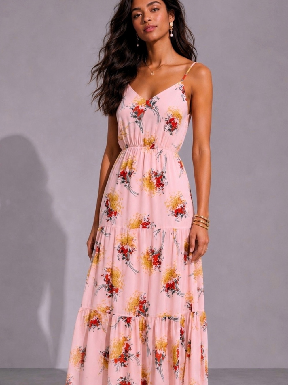 J. CREW Sunburst Bouquet Pink Floral Tiered Maxi Dress Size 2